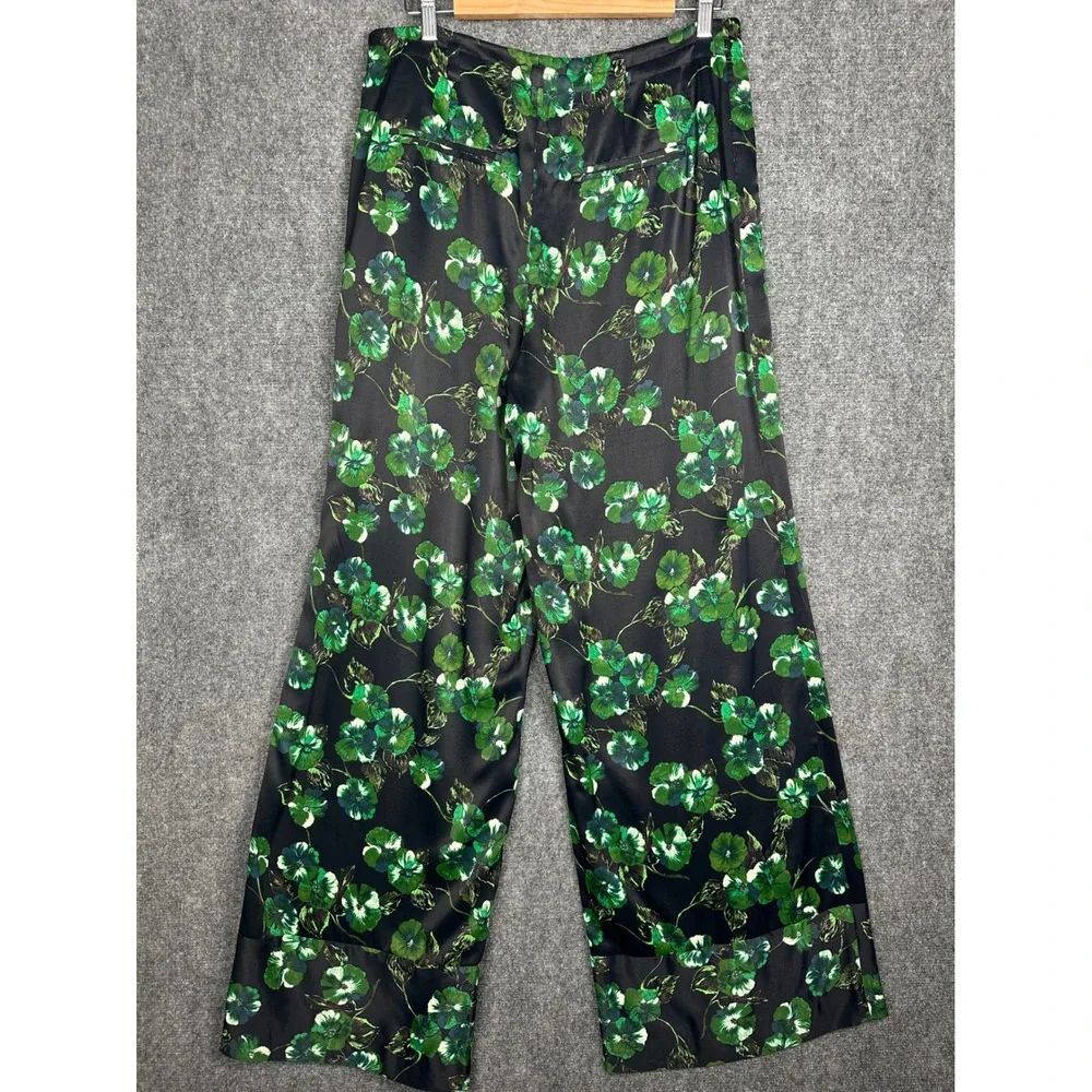 Anthropologie Elevenses Floral Wide Leg Satin Pants 8 Black Green Boho Chic - Picture 5 of 11